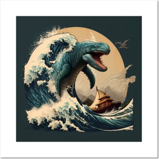 The great wave and a monster Posters and Art